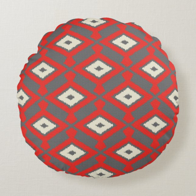 Ikat Pattern - Rot, Grau und Beige Rundes Kissen (Vorderseite)