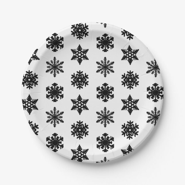 Ikat-Schneeflocken - weiß und schwarz Pappteller (Vorderseite)