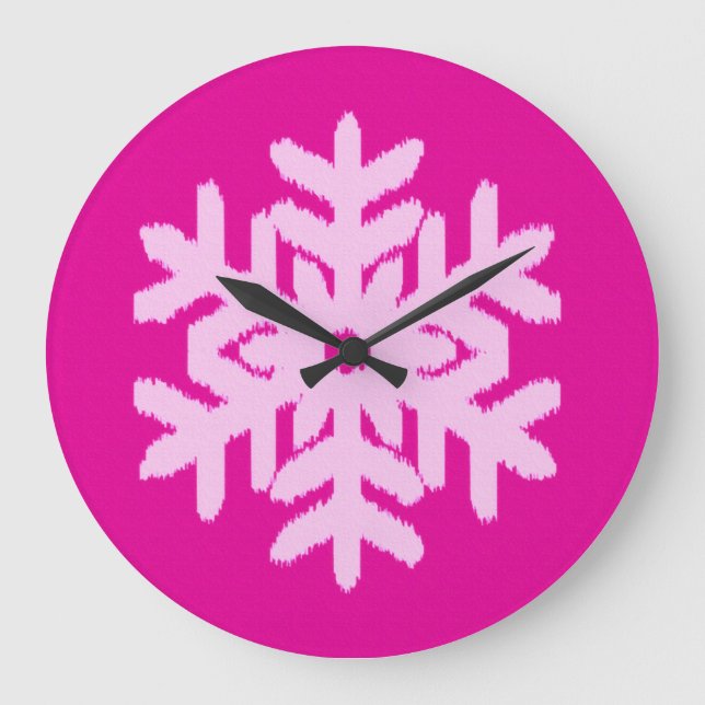 Ikat Snowflake - Fuchsia und Eispink Große Wanduhr (Vorderseite)