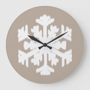 Ikat Snowflake - Taupe und Weiß Große Wanduhr