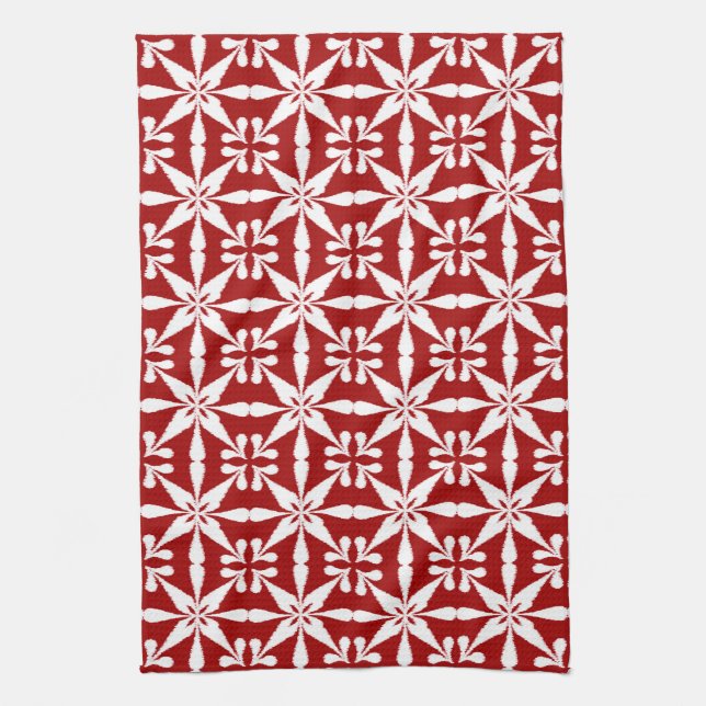 Ikat Star Pattern, Dunkelrot und Weiß Geschirrtuch (Vertikal)