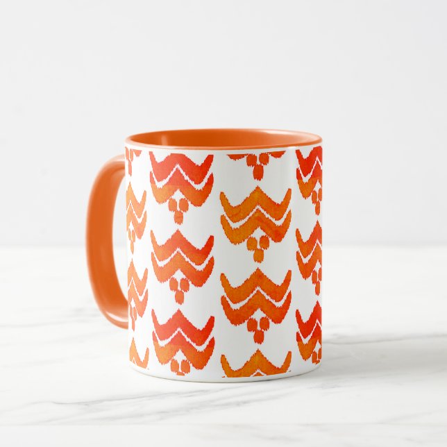 Ikat Stilisierte Blume - Orange und Weiße Tasse (Vorderseite Links)