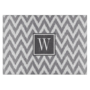 Ikat Zickzack Grau Monogramm Glasschneidplatte Schneidebrett