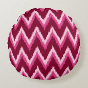 Ikat Zickzack Stripes - Burqundy, Rose und Rosa Rundes Kissen