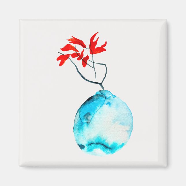 Ikebana Blue Vase Aquarellkunst Magnet (Vorne)