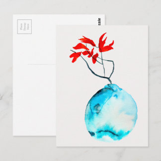 Ikebana Blue Vase Aquarellkunst Postkarte