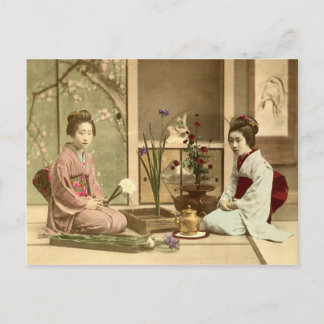 Ikebana - Schöne Kimono Girls - Blume Postkarte