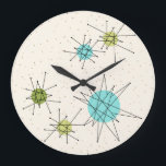 Ikonische Atomuhr-Sternexplosionen Große Wanduhr<br><div class="desc">Dieses Ikonische Atomic Sternexplosion Round Acrylic Wall Clock-Muster zeichnet sich durch eine symbolträchtige atomare Sternexplosion aus. Das ist richtig! Die alte Schule, der cremefarbene Hintergrund mit goldenen Fesseln ist der perfekte Hintergrund für die lebendigen türkisfarbenen, sanften Sellerie und die kitschigen Birnen grünen Kreise. Die Farbflecken sind sporadisch in verschiedenen Größen...</div>