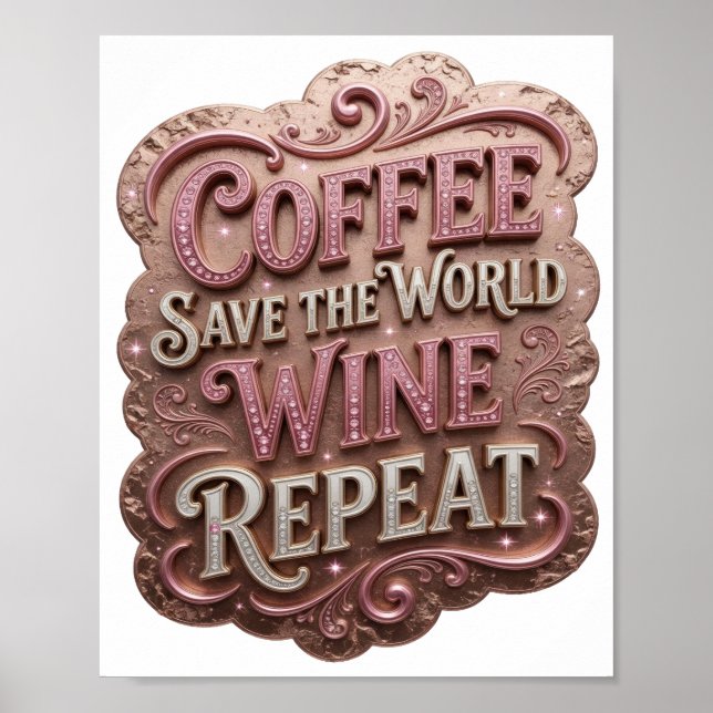 Ikonisches Rosa COFFEE SAVE THE WORLD WINE REPEAT  Poster (Vorne)