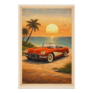 Ikonisches rotes Cabrio Strand Sonnenuntergang Ret Poster