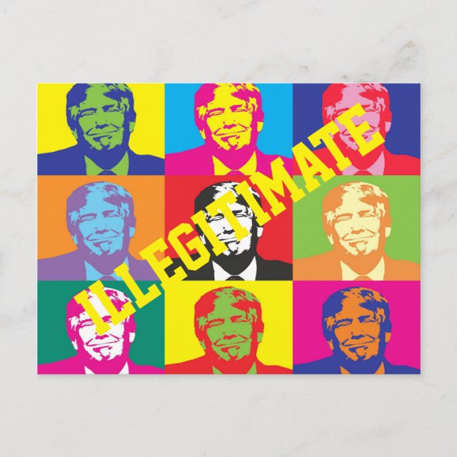 "Illegitim" mit knallfarbigen Trump-Faces in Regen Postkarte (Vorderseite)