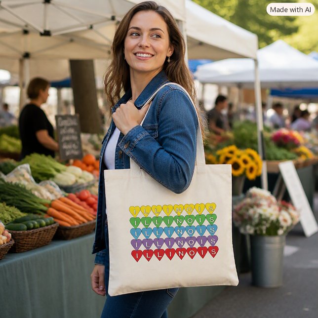 Illinois Farbherz Liebe Tragetasche (A tote bag with the word Illinois in yellow, green, blue, purple and red hearts.)