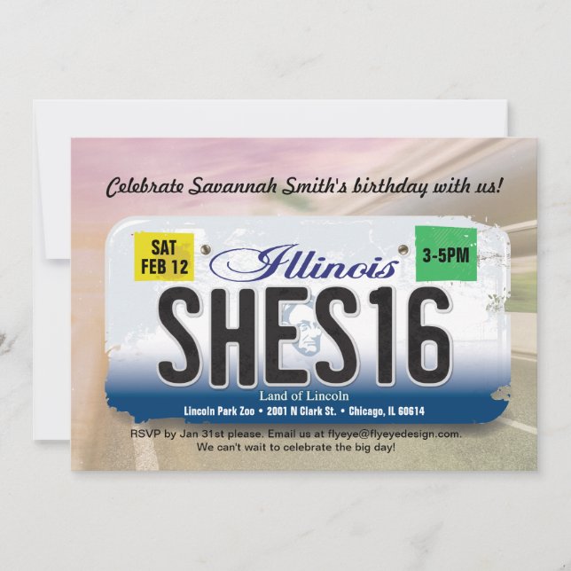 Illinois-Lizenz für Mädchen zum 16. Geburtstag Einladung (Vorderseite)