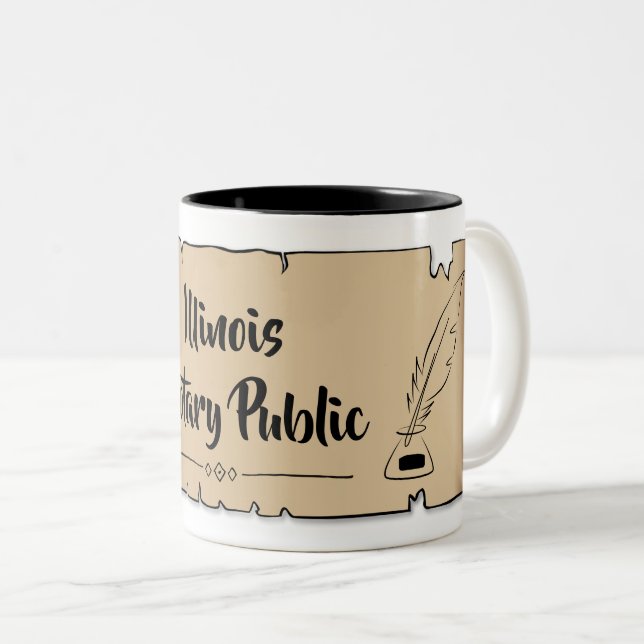 Illinois Notary Public Scroll Feather Quill Zweifarbige Tasse (VorderseiteRechts)