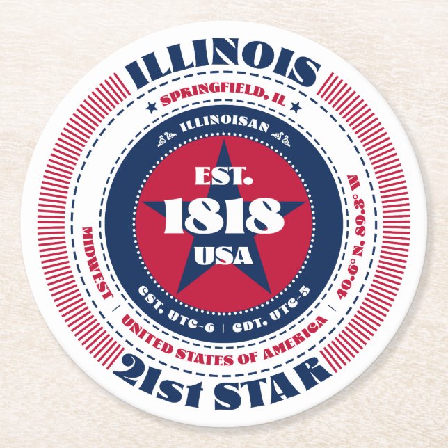 Illinois Red White Blue Typografie Runder Pappuntersetzer (Vorderseite)