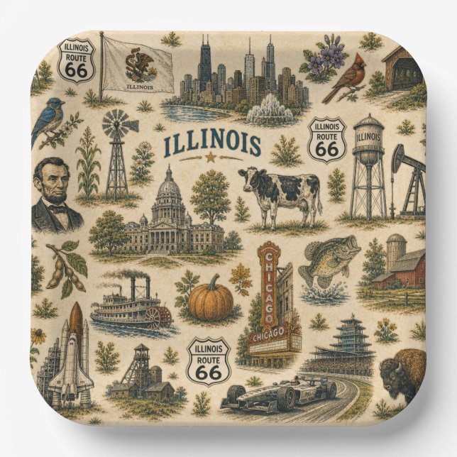 Illinois Route 66 Party-Skyline Pappteller (Vorderseite)
