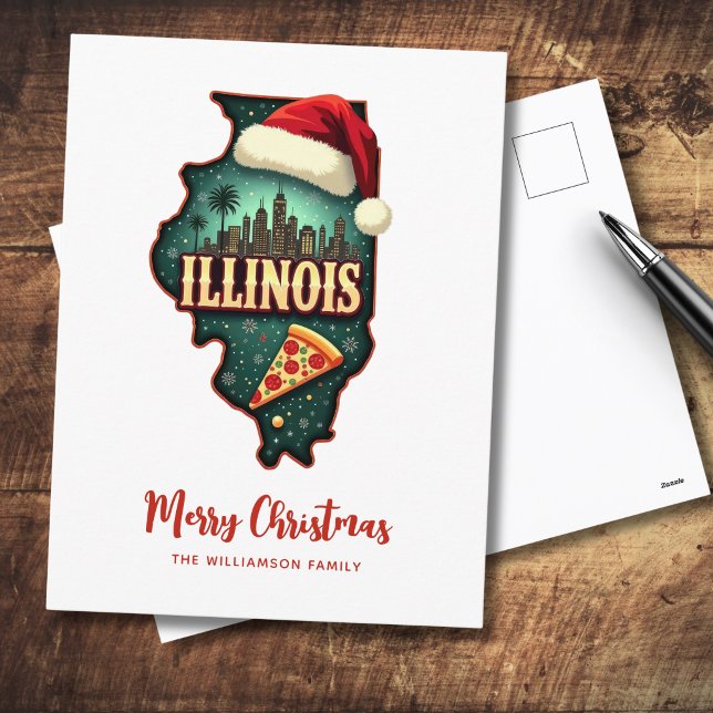 Illinois Staat Karte Weihnachtsfeiertag Postkarte (Add family name & greeting to personalize.  Other items available with this design)