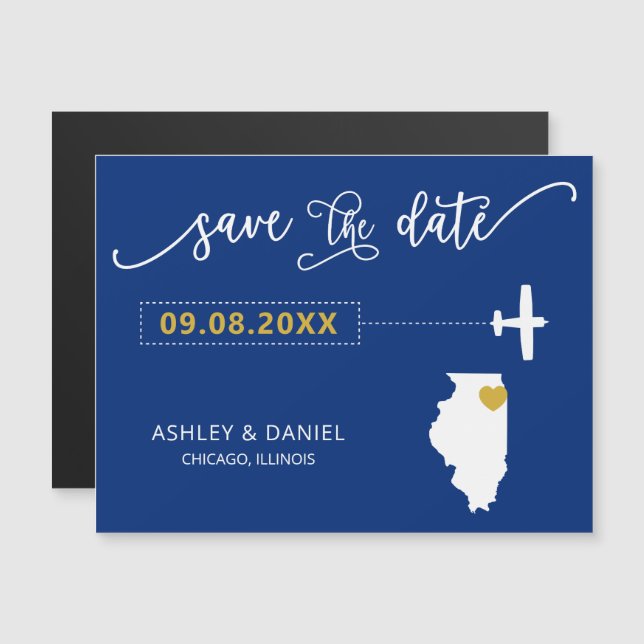 Illinois Wedding Save the Date Card, Map Magneteinladung (Vorne/Hinten)