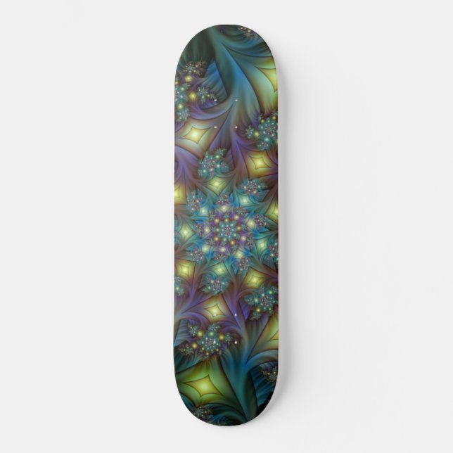 Illuminated Abstract Shiny Teal Purple Fractal Art Skateboard (Vorderseite)