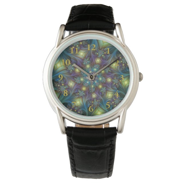 Illuminierte Abstrakte Shiny Aquamarines Lila Frak Armbanduhr (Vorderseite)