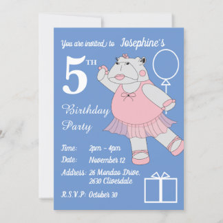 illusima Ballerina Hippo Blue Geburtstagsparty Einladung