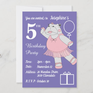 illusima Ballerina Hippo Lila Geburtstagsparty Einladung
