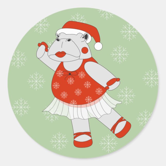 illusima Ballerina Hippo Weihnachten Schneeflocken Runder Aufkleber (Vorderseite)