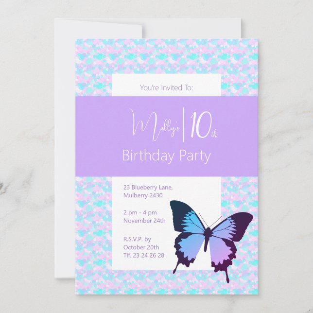 illusima Butterfly Lila Confetti 10. Geburtstag Einladung (Vorderseite)
