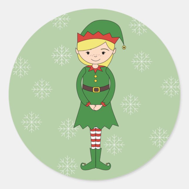 illusima Christmas Girl Elf Snowflakes Grün Runder Aufkleber (Vorderseite)