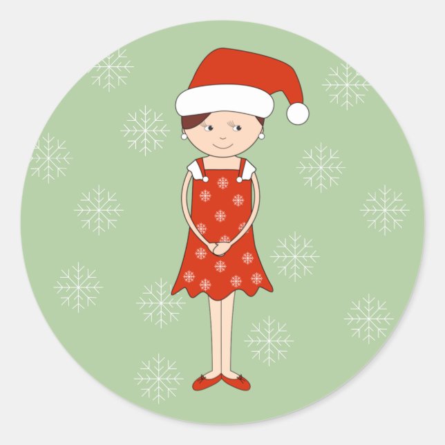 illusima Christmas Hat Girl Snowflakes Green Runder Aufkleber (Vorderseite)