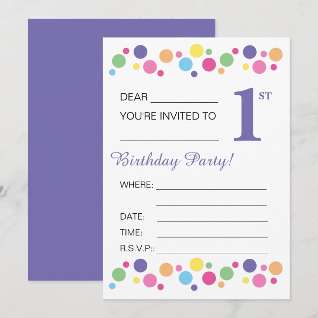 Illusima Circles, Lila Back, 1. Geburtstag Party Einladung (Vorne/Hinten)