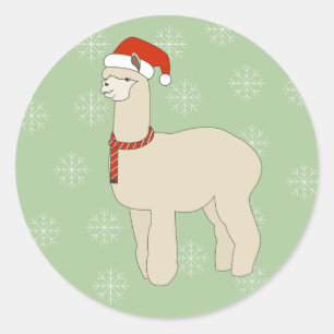 illusima Lama Weihnachtshut Schneeflocken Grün Runder Aufkleber