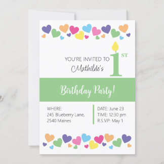 illusima Rainbow Liebe Hearts, Green 1. Geburtstag Einladung