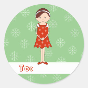 illusima Weihnachts Mädchen Schneeflocken Grün Runder Aufkleber