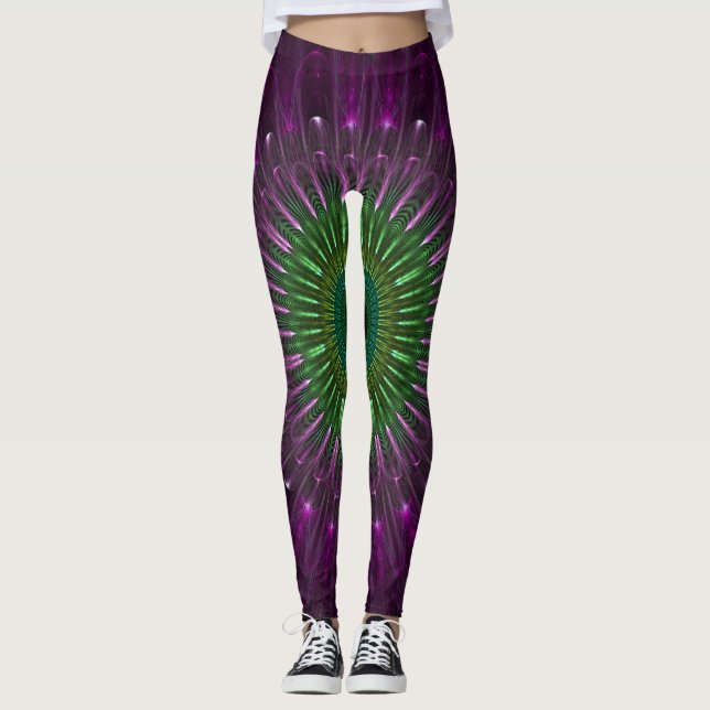 Illusion des lila und grünen Fraktals Leggings (Vorderseite)