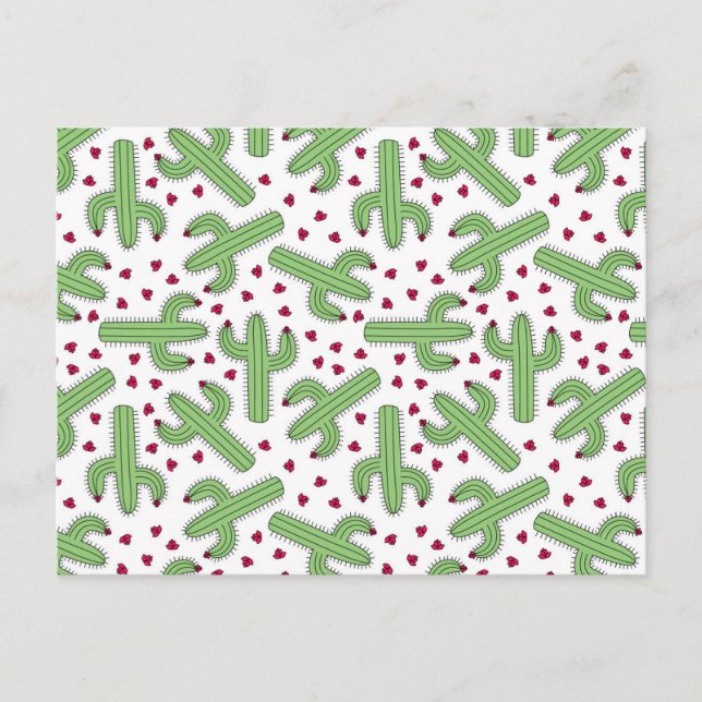 Illustrated Cactus & Pink Flowers Pattern Postkarte (Vorderseite)
