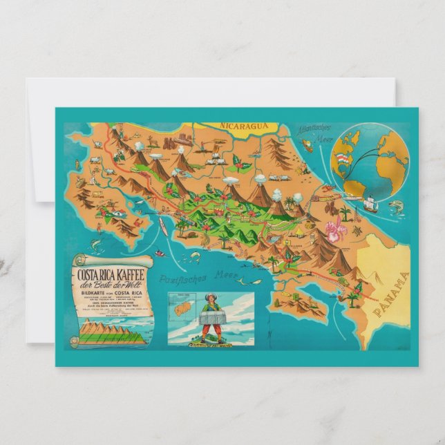 Illustrated COSTA RICA Map 5x7 Card Karte (Vorderseite)