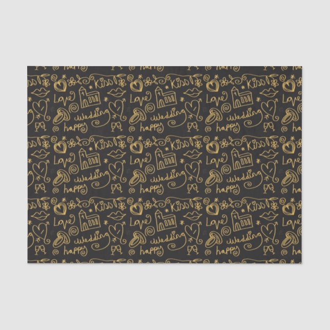 Illustrated Gold and Black Wedding Doodles Seidenpapier (Vorderseite)