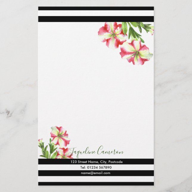 Illustration Aquarellfarbe Rosa und Weißes Petunia Briefpapier (Vorderseite)