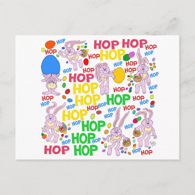 Illustration de lapins roses sur une carte postale (Devant)