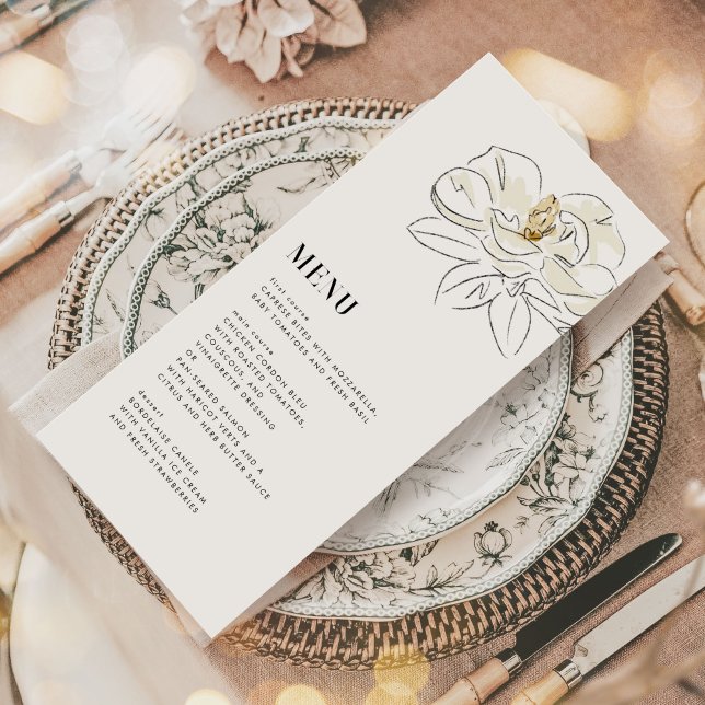 Illustration de Magnolia blanc Menu Mariage modern (Romantic Southern-inspired white magnolia illustration wedding menu.)