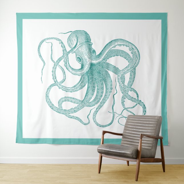 Illustration de pieuvre bleu turquoise tapisserie (En situation (horizontale))