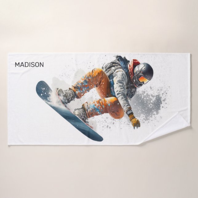 Illustration de snowboarder de nom personnalisé (Serviette de bain)