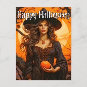 Illustration der Herbsthexe   Frohe Halloween Postkarte