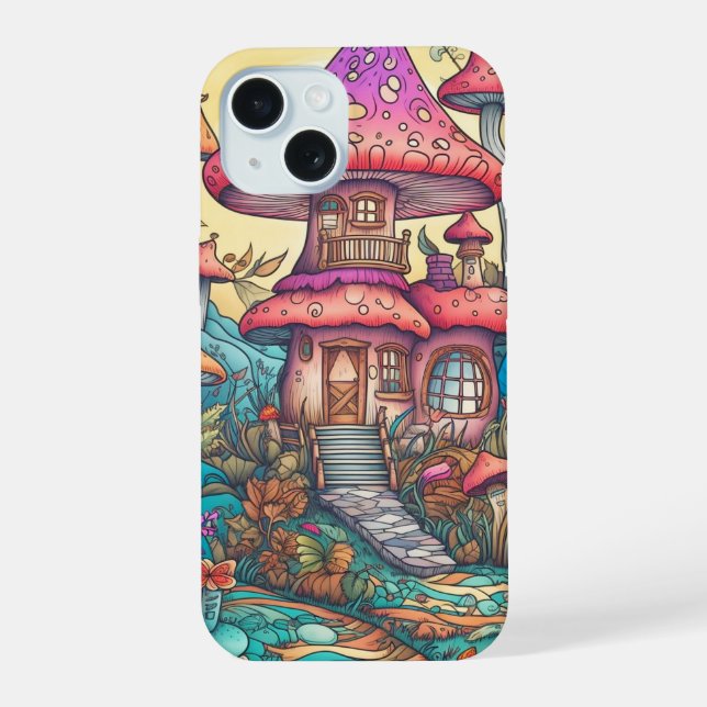 Illustration der niedlichen kreativen Pilzhütte iPhone 15 Hülle (Rückseite)