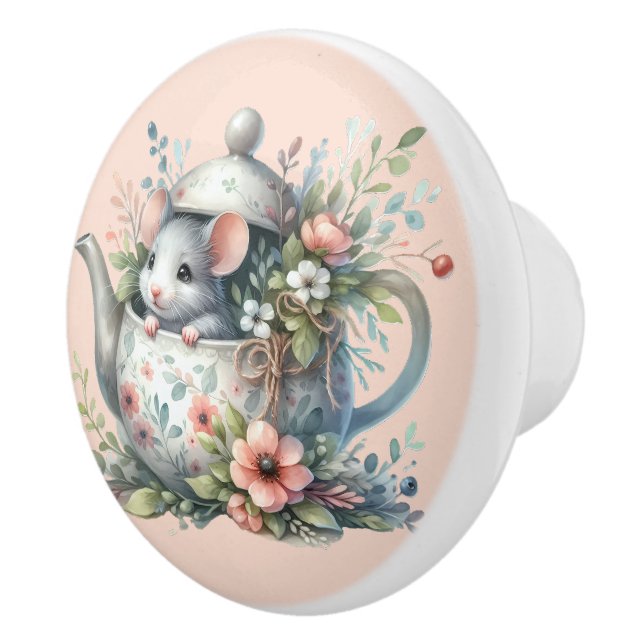 Illustration der niedlichen Maus im Blumentepot Keramikknauf (Rechts)