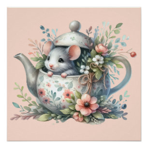 Illustration der niedlichen Maus im Blumentepot Poster