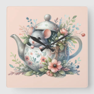 Illustration der niedlichen Maus im Blumentepot Quadratische Wanduhr