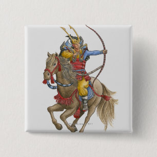 Illustration der Samurais zu Pferd, die Bogen Button