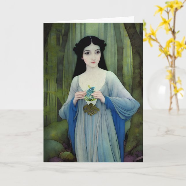 Illustration der schönen Frau im Wald Karte (Gelbe Blume)